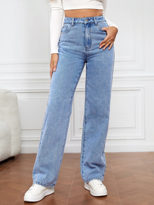 Women’s High Waist Washed Straight Leg Jeans - Clear blue / S