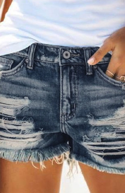 Women’s High-Waisted Fringed Cut-Out Denim Shorts - Dark gray blue / S