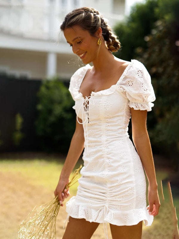 Women’s hip-hugging skirt lace-up fashionable and sexy pleated V-neck short dress