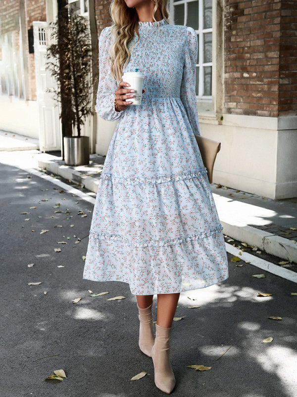 Women’s holiday casual floral earring dress - Clear blue / S