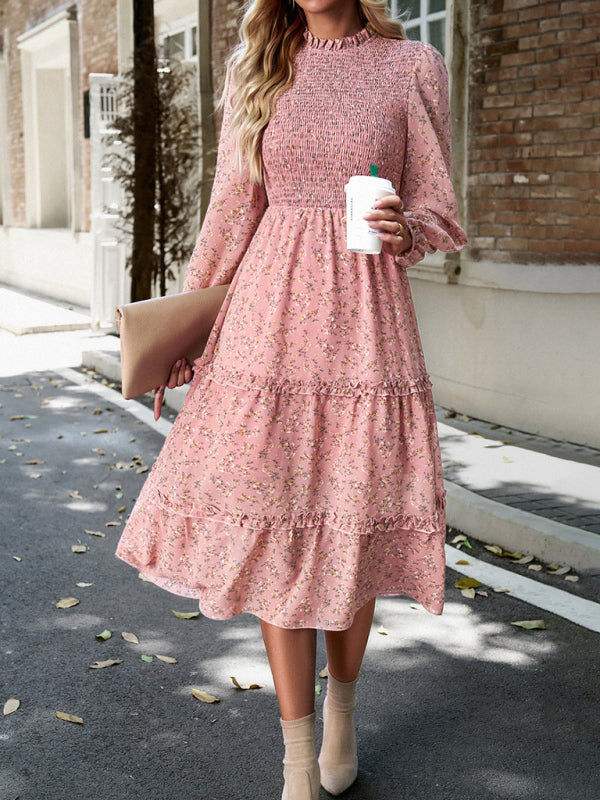Women’s holiday casual floral earring dress - Pink / S