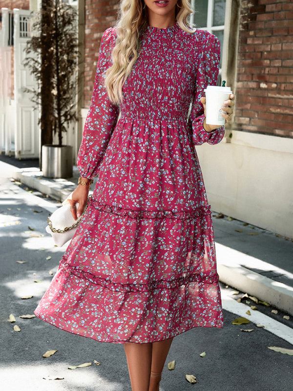 Women’s holiday casual floral earring dress - Wine Red / S