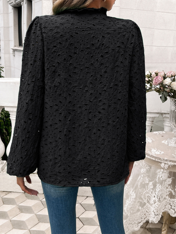 Women’s hollow puff sleeve embroidered top