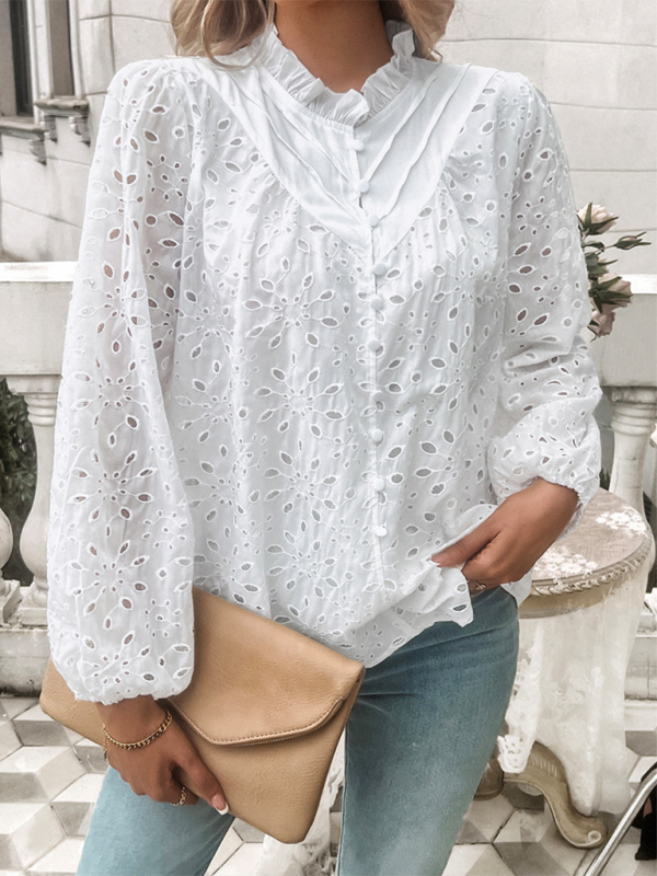 Women’s hollow puff sleeve embroidered top