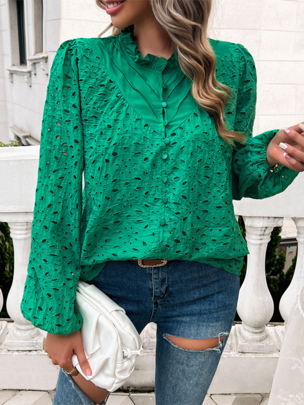 Women’s hollow puff sleeve embroidered top
