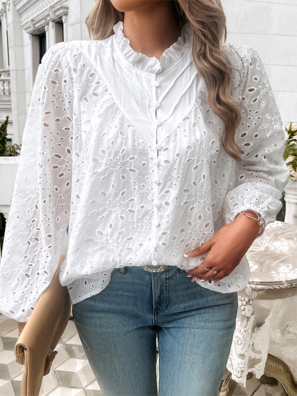 Women’s hollow puff sleeve embroidered top