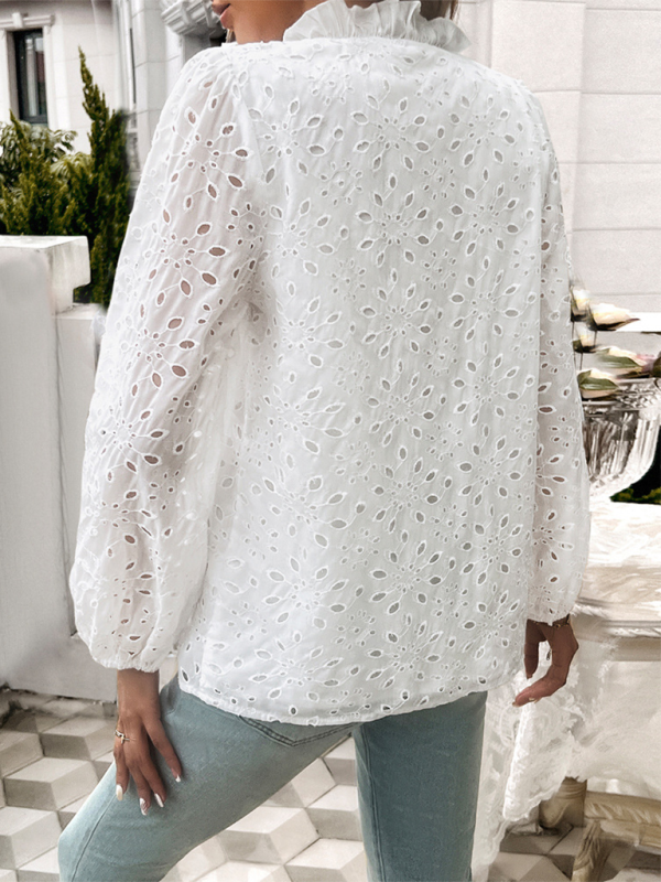 Women’s hollow puff sleeve embroidered top