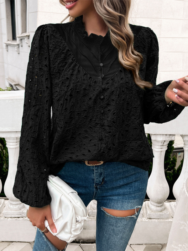 Women’s hollow puff sleeve embroidered top