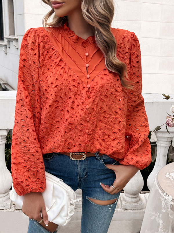 Women’s hollow puff sleeve embroidered top