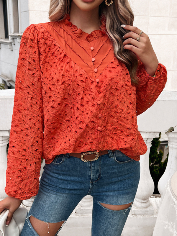 Women’s hollow puff sleeve embroidered top