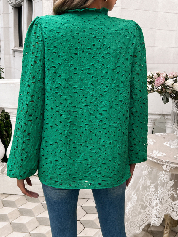 Women’s hollow puff sleeve embroidered top