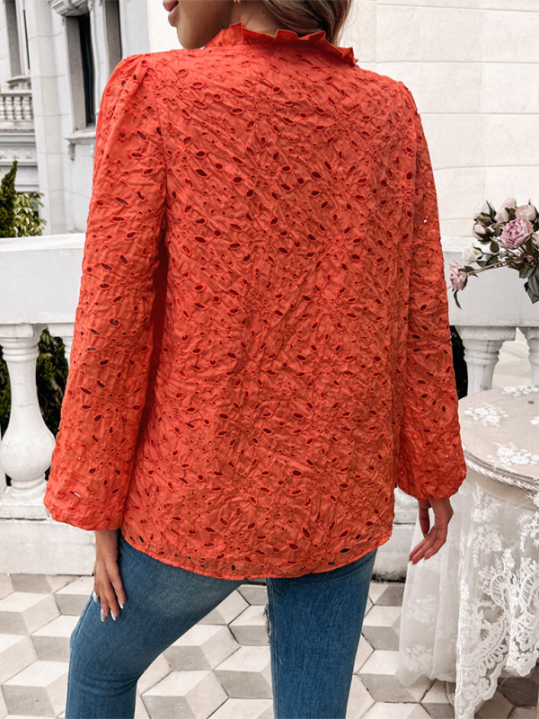 Women’s hollow puff sleeve embroidered top