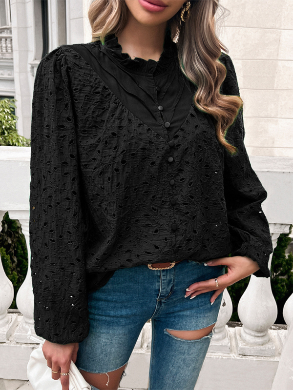 Women’s hollow puff sleeve embroidered top