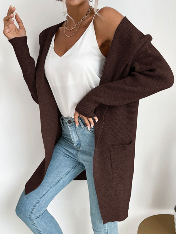 women’s hooded pit knitted sweater cardigan coat - Coffee / S