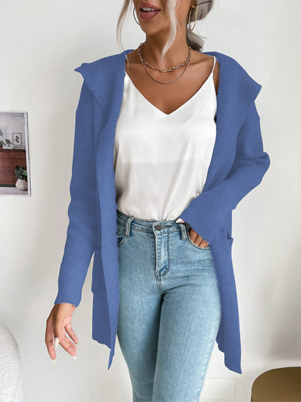 women’s hooded pit knitted sweater cardigan coat - Dark Gray / S