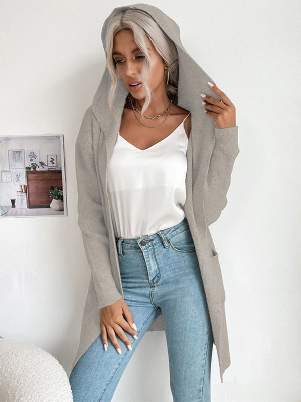women’s hooded pit knitted sweater cardigan coat - Khaki / S