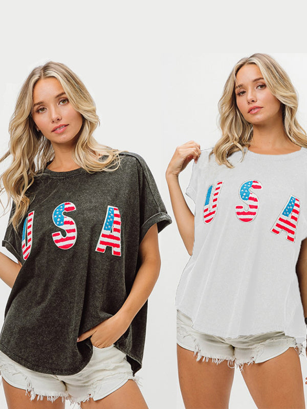 Women’s Independence Day English Letters Short Sleeve T-Shirt Top - Black / S