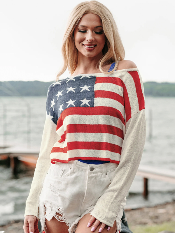 Women’s Independence Day Striped Colorblock Thin Knit Sweater