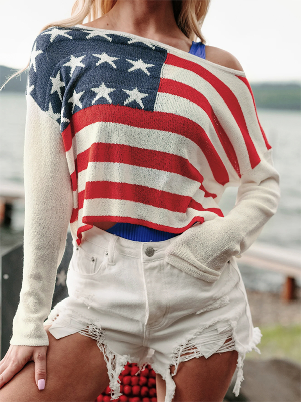 Women’s Independence Day Striped Colorblock Thin Knit Sweater