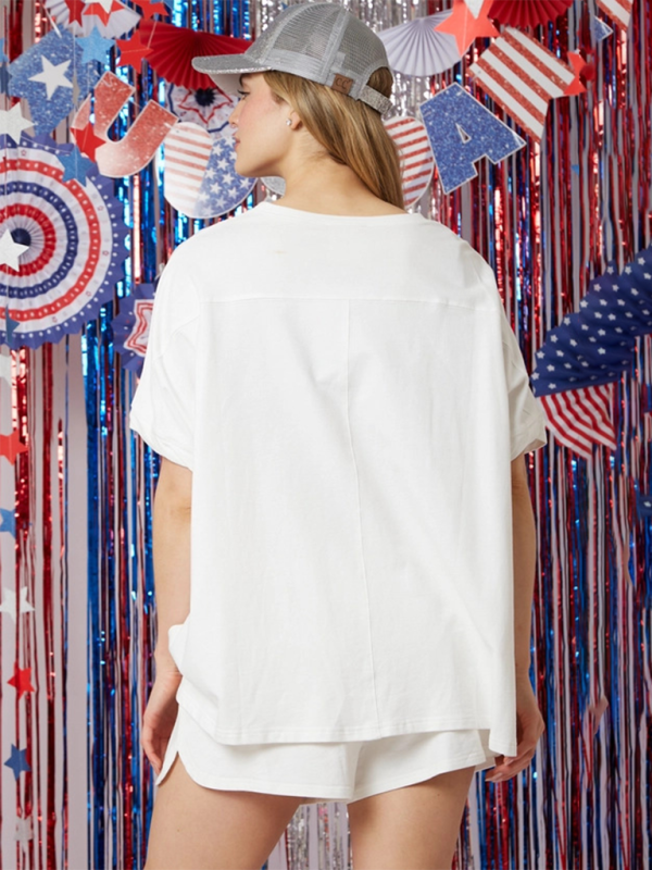 Women’s Independence Day Top Sequin Pants Suit Short Sleeve Two-piece Suit