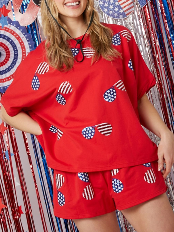 Women’s Independence Day Top Sequin Pants Suit Short Sleeve Two-piece Suit - Red / S