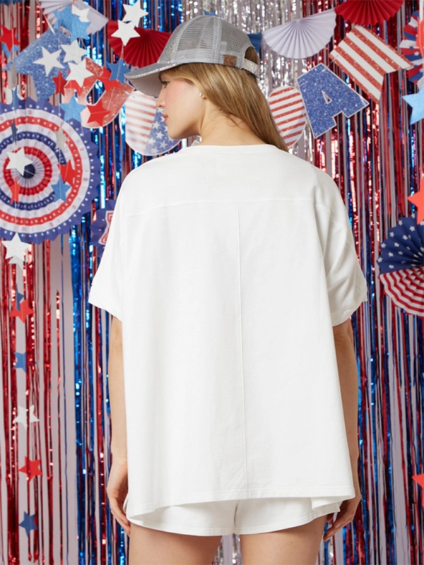 Women’s Independence Day Top Sequin Pants Suit Short Sleeve Two-piece Suit