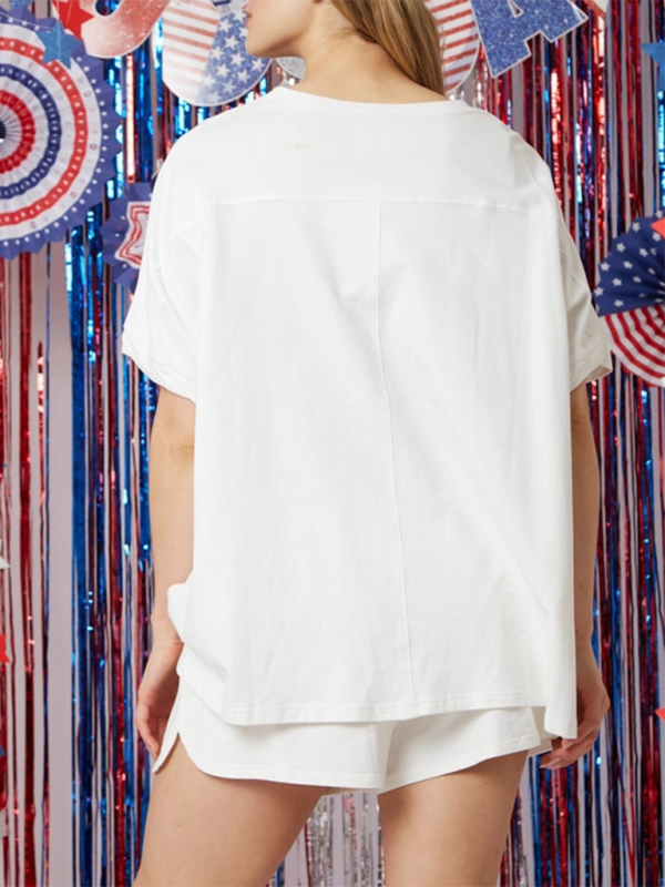 Women’s Independence Day Top Sequin Pants Suit Short Sleeve Two-piece Suit
