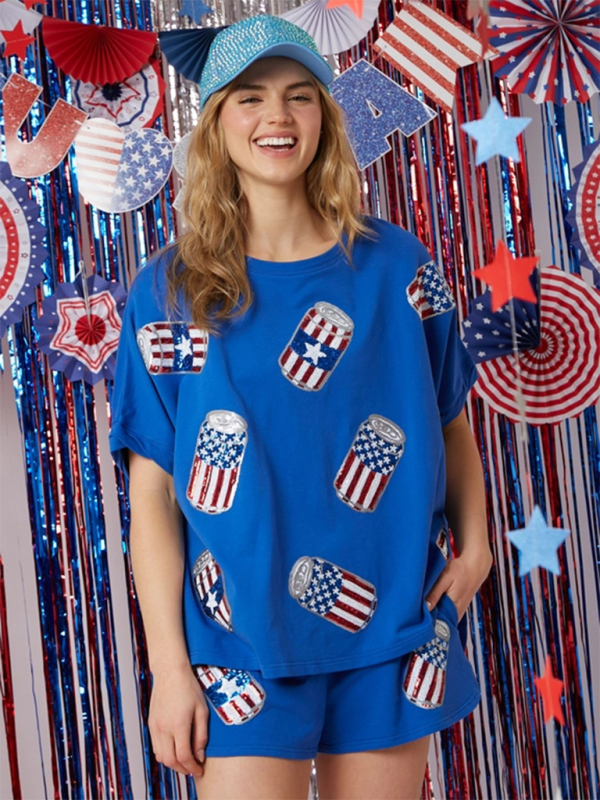 Women’s Independence Day Top Sequin Pants Suit Short Sleeve Two-piece Suit - Clear blue / S