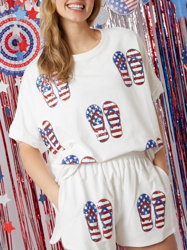 Women’s Independence Day Top Sequin Pants Suit Short Sleeve Two-piece Suit