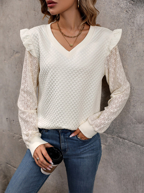 Women’s Knit Lace Sleeve Quilted Top - Cracker khaki / S