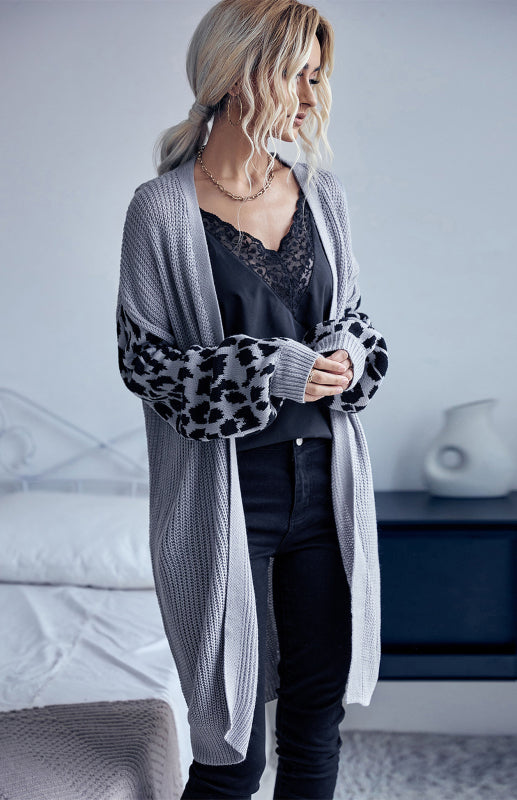 Women’s Knit Leopard Cardigan Sweater Jacket - Grey / S