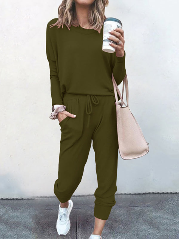 Women’s Knit Long Sleeve Pants Set - Olive green / S