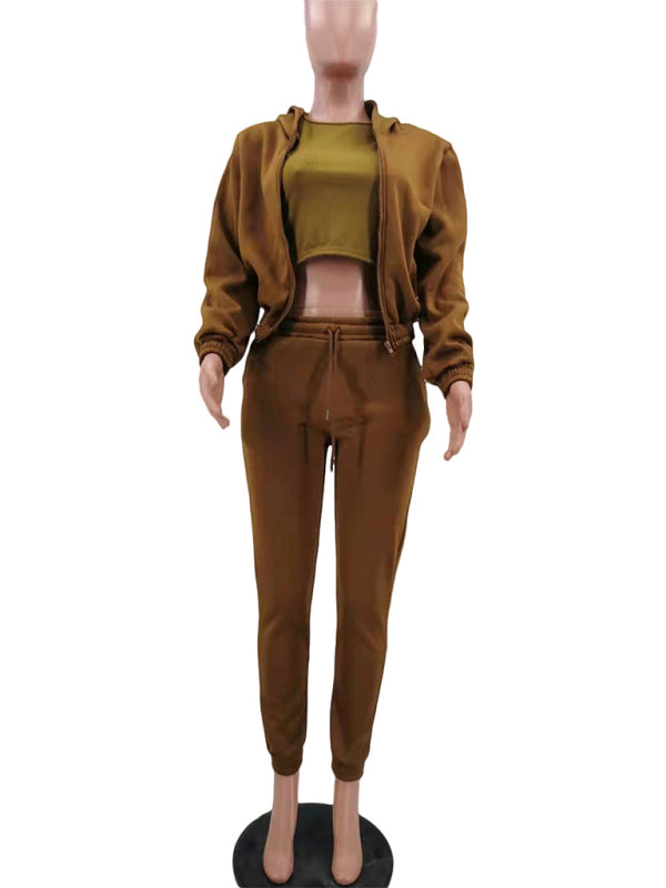 Women’s Knitted Casual Sports Fleece Hooded Three-piece Suit