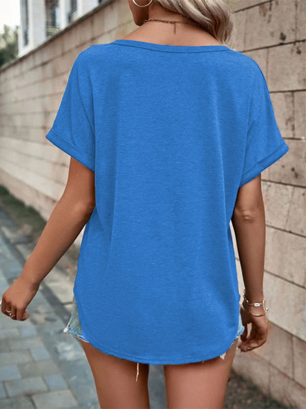 Women’s Knitted Casual V-Neck Button Short Sleeve Top