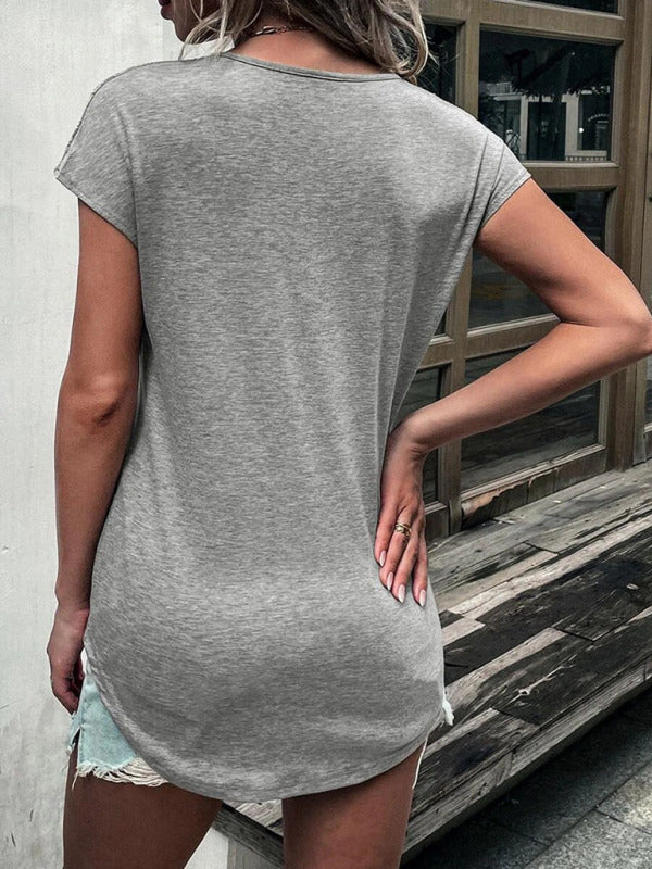Women’s Knitted Round Neck Half Zipper Stitching Lace Short Sleeve T-Shirt
