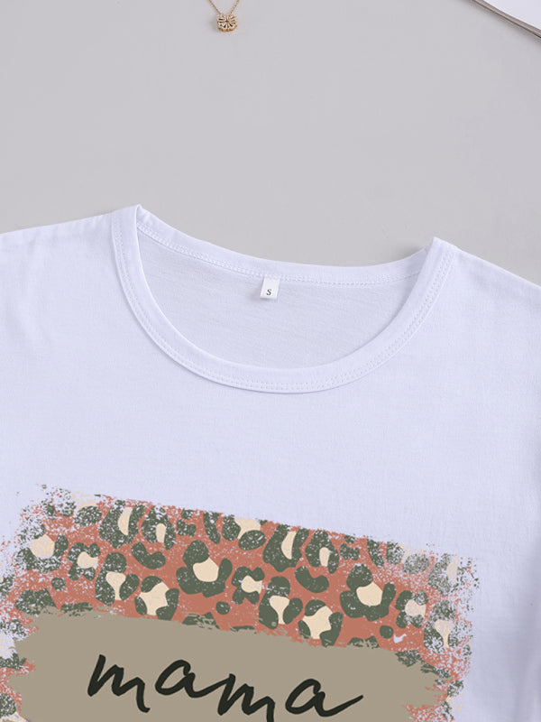 Women’s Knitted Round Neck Leopard Print Mother’s Day Short Sleeve T-Shirt