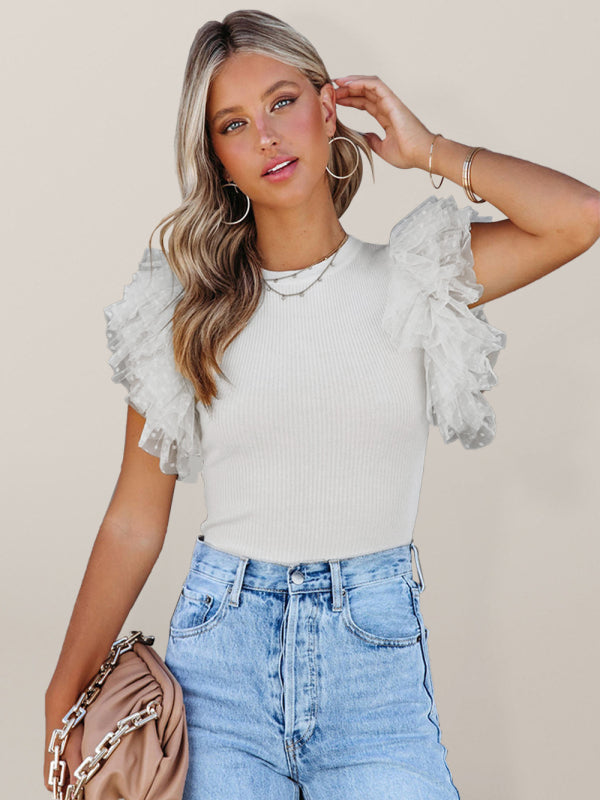 Women’s Knitted See-Through Mesh Stitching Ruffle Sleeve Vest - Cream / S