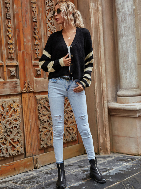 Women’s knitted striped sweater coat with dropped shoulder sleeves, black and beige cardigan