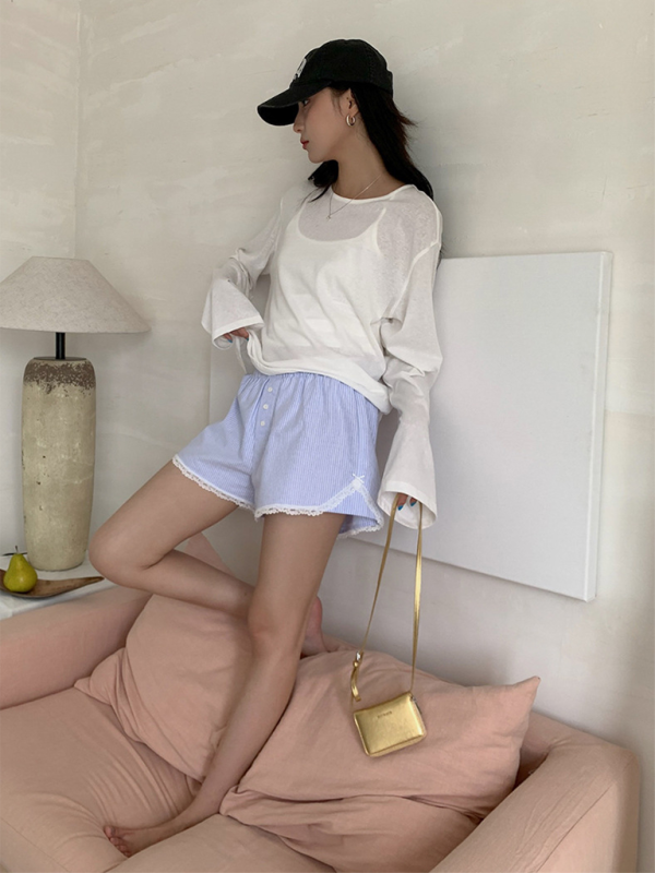 Women’s lace shorts wear elastic waist striped casual pants