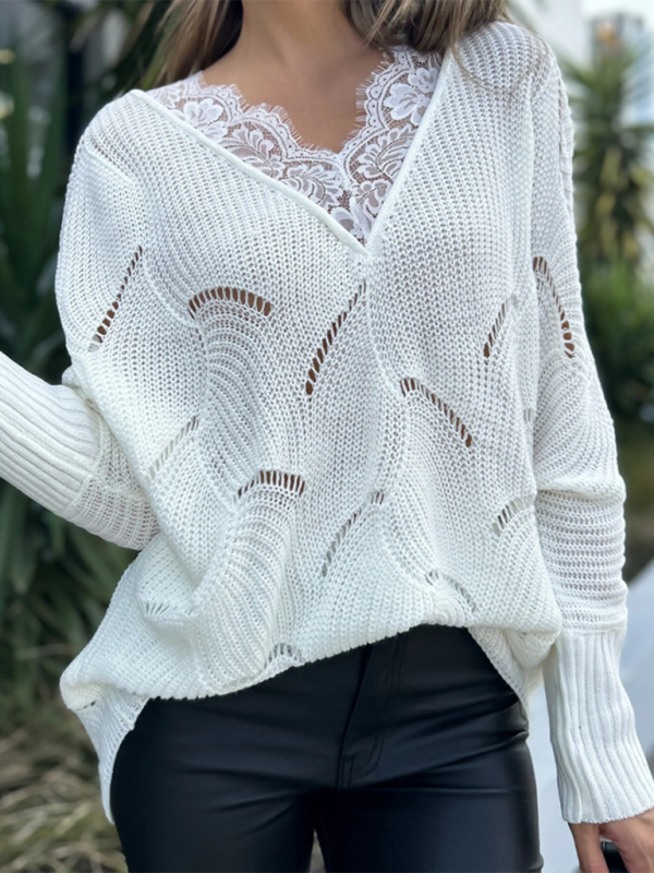 Women’s lace stitching mid-length white sweater - White / S