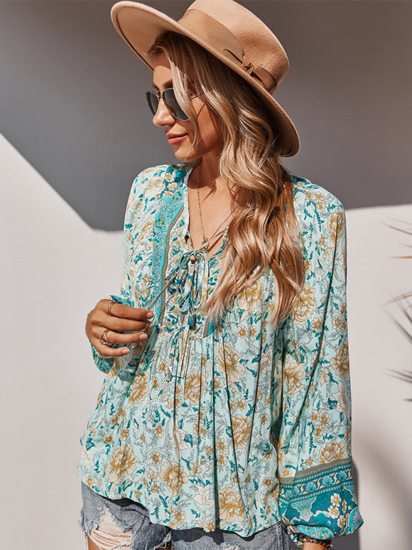 Women's Lace Up Romantic Holiday Print Top - Closther