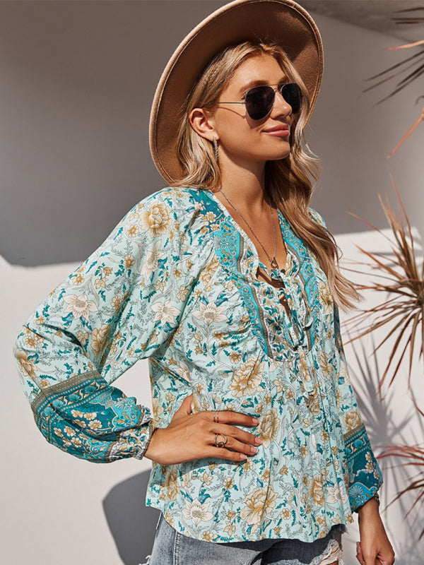 Women's Lace Up Romantic Holiday Print Top - Closther