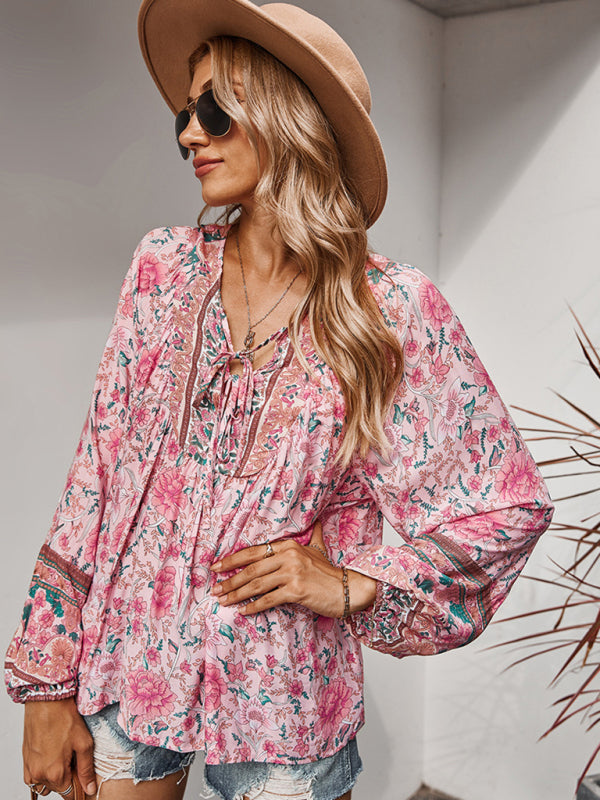 Women's Lace Up Romantic Holiday Print Top - Closther