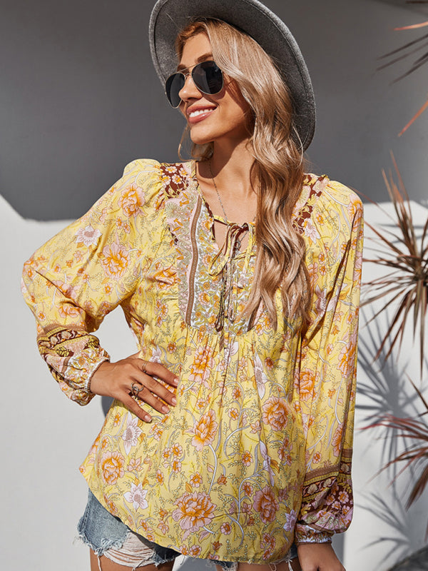 Women's Lace Up Romantic Holiday Print Top - Closther