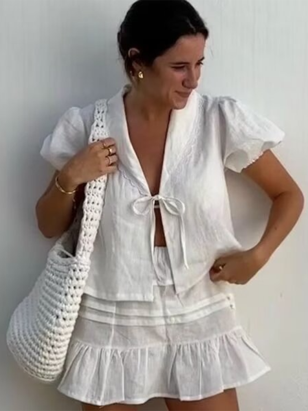 Women’s lace-up shirt shorts loose casual two-piece set - White / S