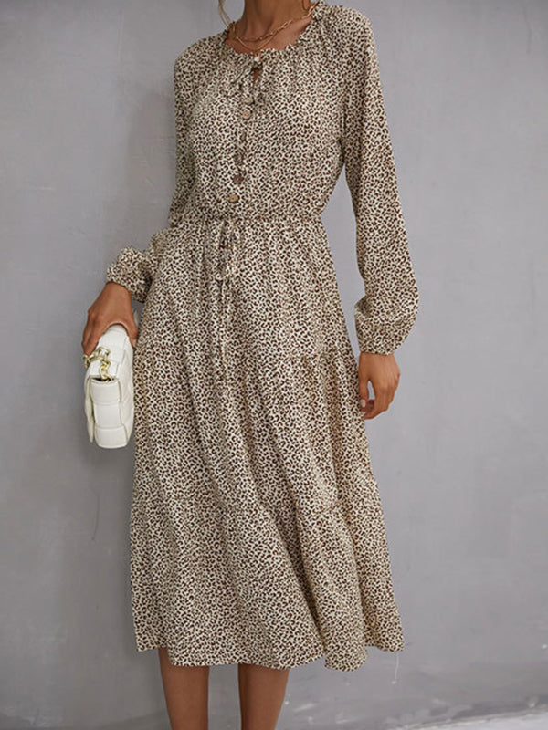 women’s leopard print long sleeve dress - Khaki / S