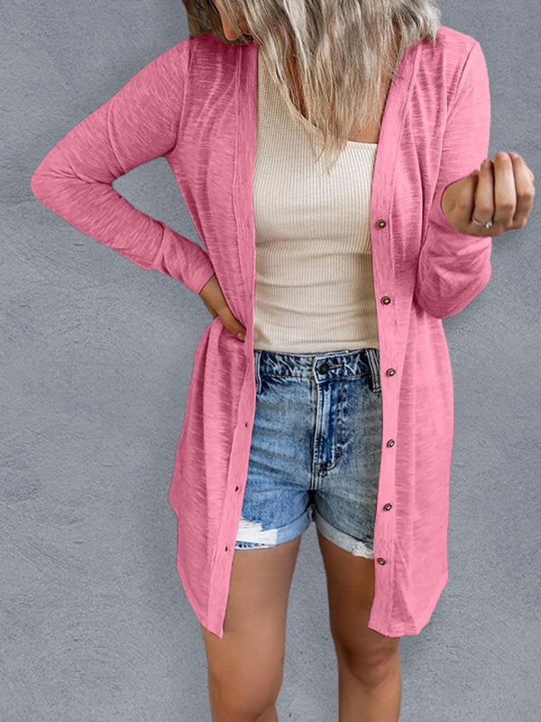 Women’s long button solid color casual long-sleeved knitted cardigan for women - Rose / S