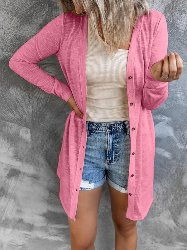 Women’s long button solid color casual long-sleeved knitted cardigan for women