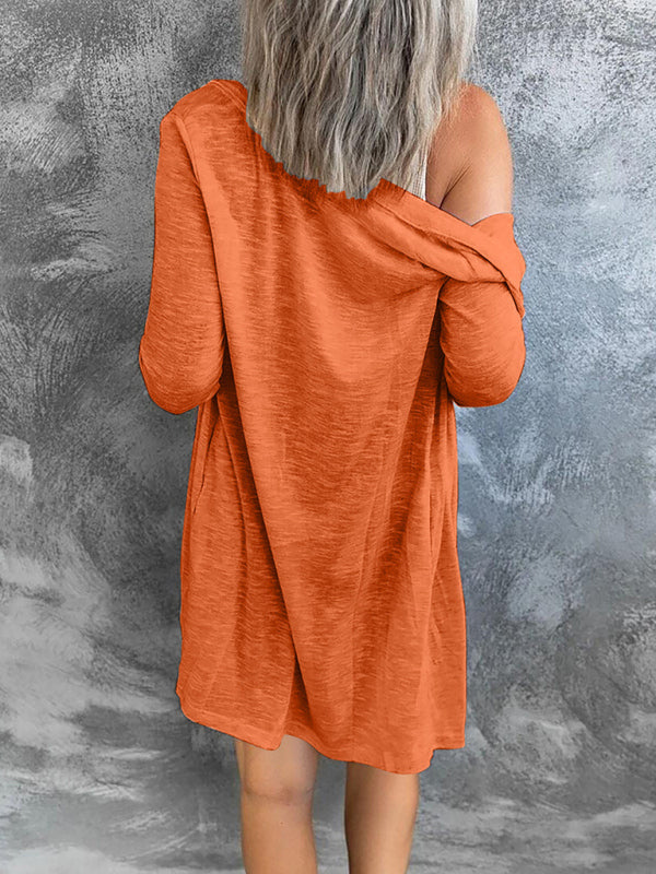 Women’s long button solid color casual long-sleeved knitted cardigan for women