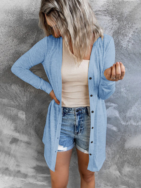 Women’s long button solid color casual long-sleeved knitted cardigan for women - Blue / S